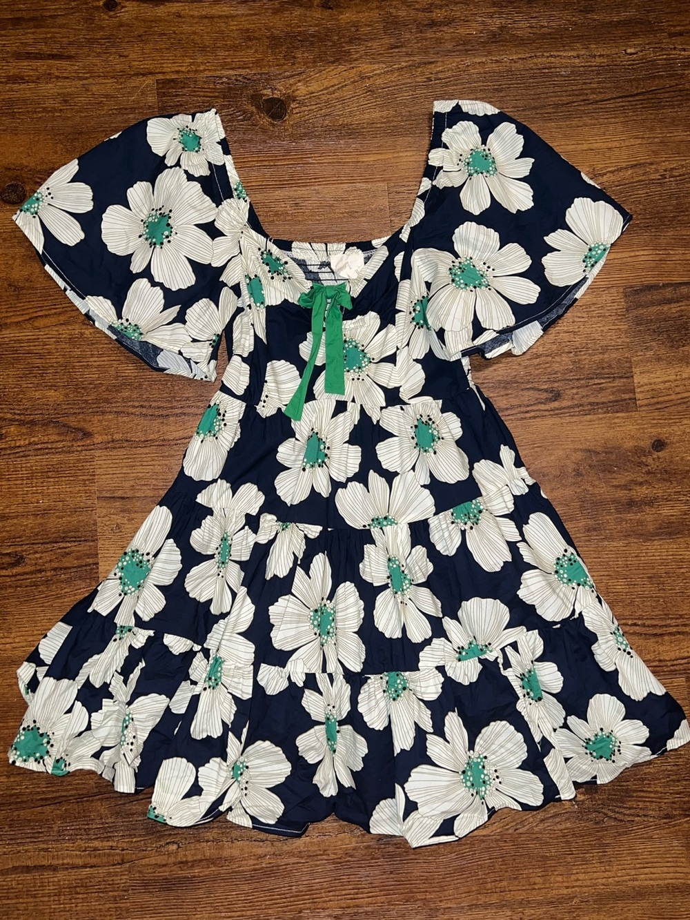 Umgee Smocked Babydoll Dress Floral Green Ribbon Boho Short Puff Sleeve Size S